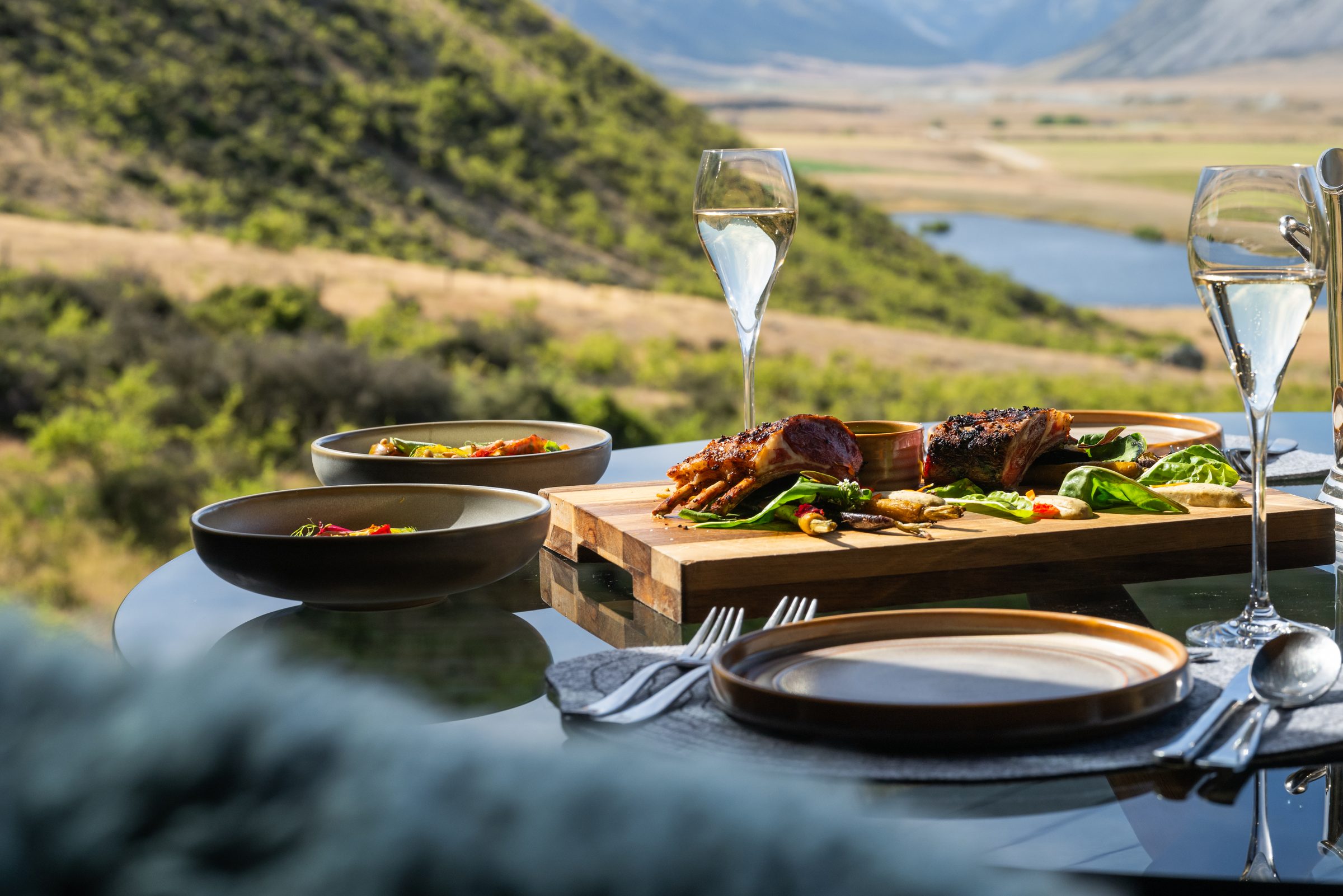 Lunch set on a table above the Ahuriri valley at The Lindis