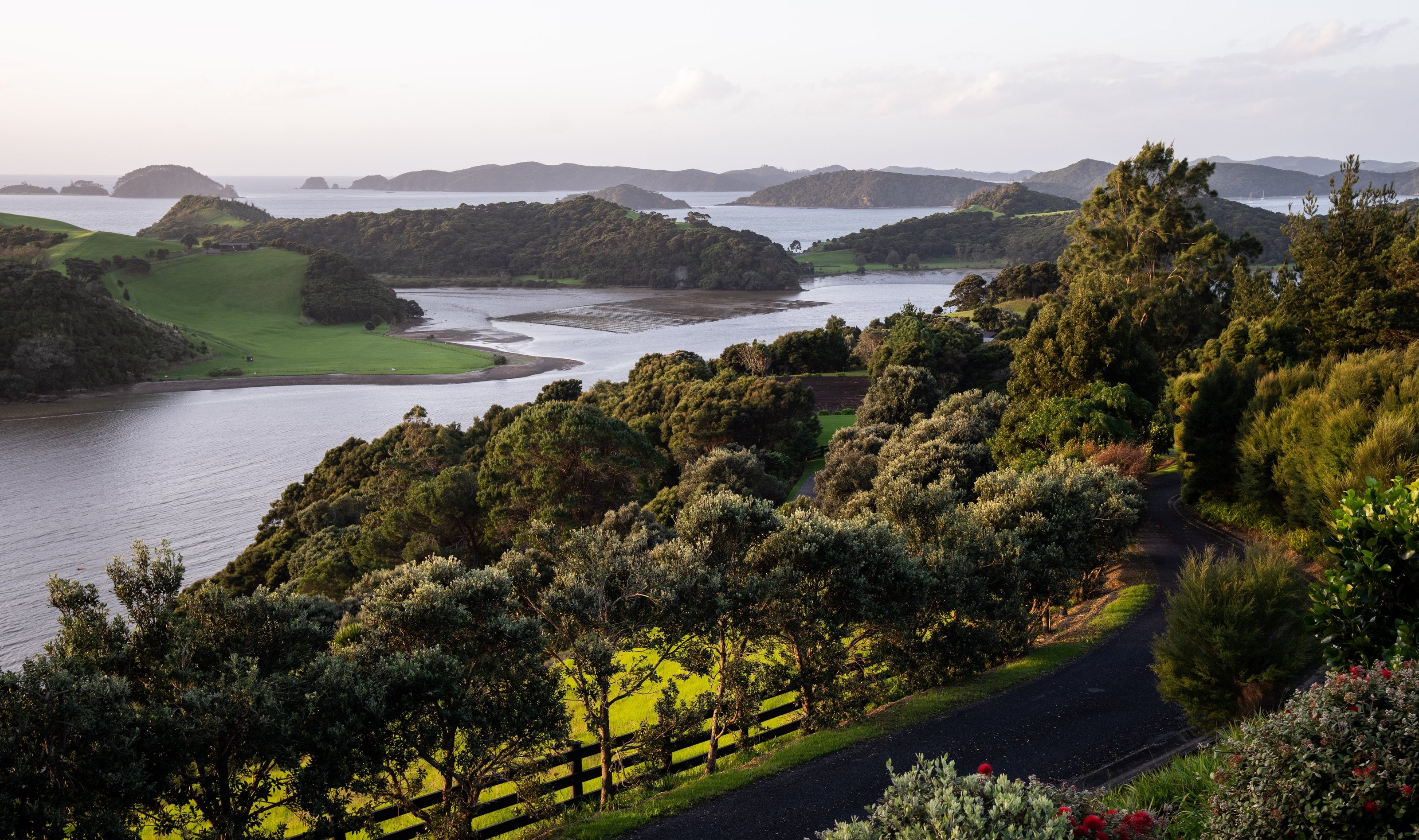 The Bay of Islands from the hill above Paroa Bay, islands to the horizon