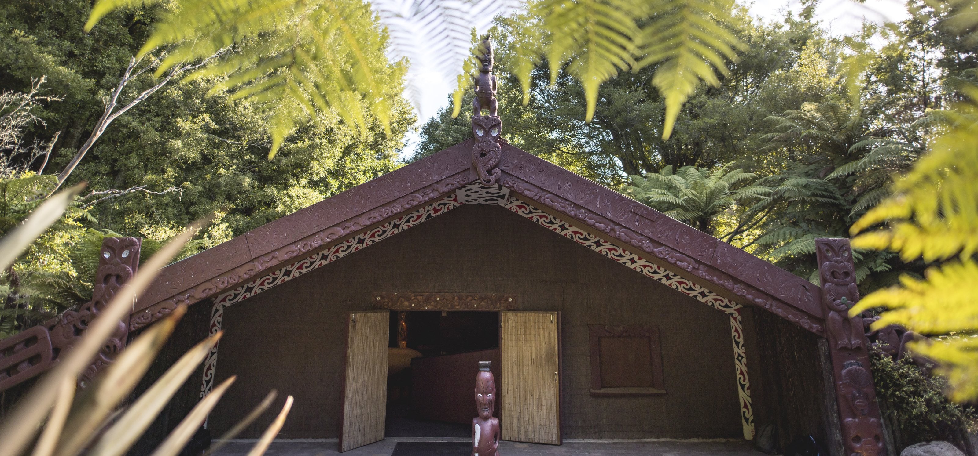 A carved wharenui among tree ferns in Rotorua