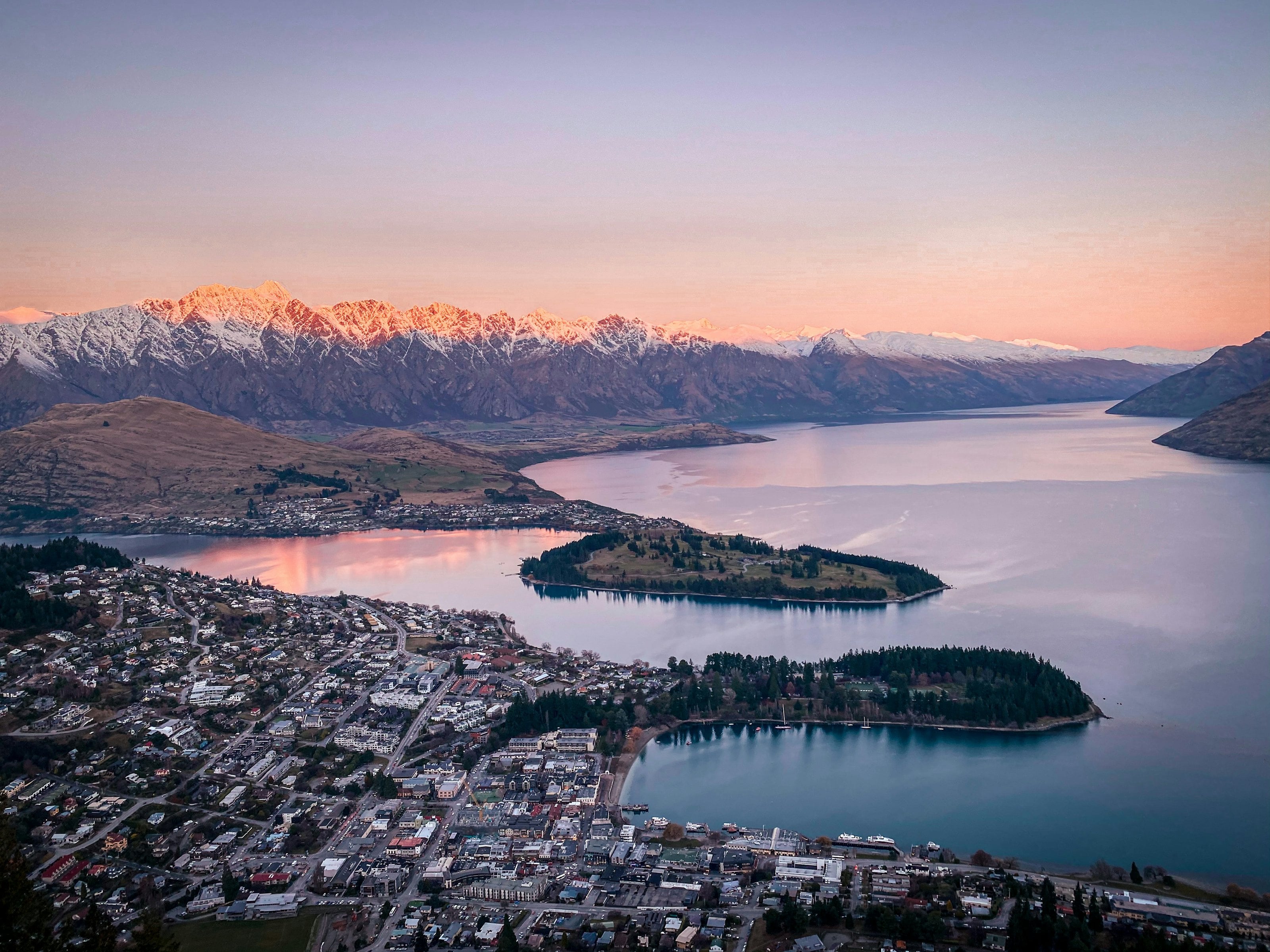 Queenstown at sunset, alpenglow on the Remarkables