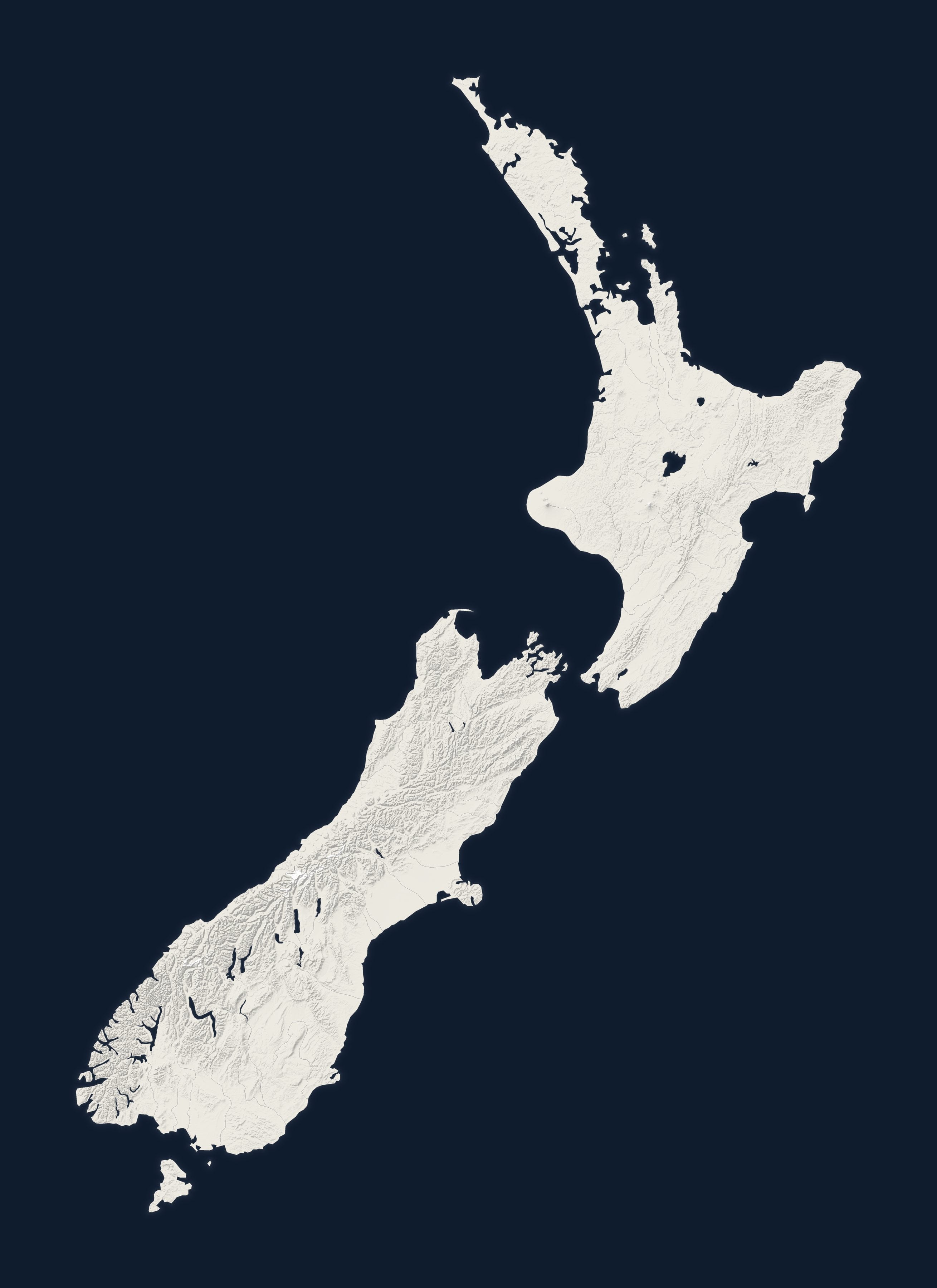 New Zealand drawn in relief, cream on navy, its lakes and rivers in the sea's colour